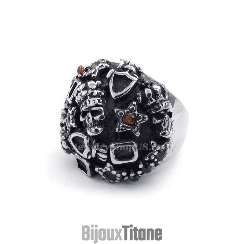 Bague Tête De Mort En Titane Avec Zircon Rouge
