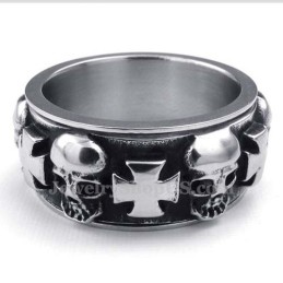Bague Ronde En Titane Avec Tête De Mort Et Croix