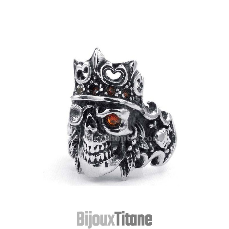 Bague Tête De Mort En Titane Avec Couronne Impériale Et Zircon Rouge