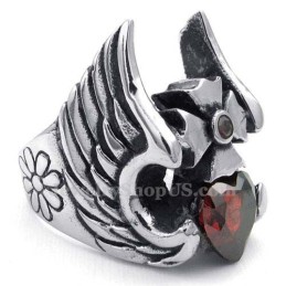 Bague Plume Croisée En Titane Avec Zircon Rouge