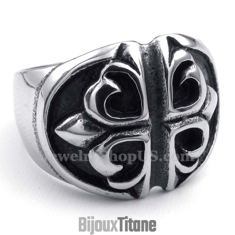 Bague En Titane Avec Croix Et Fleur