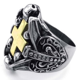 Bague En Titane Avec Tête De Mort Et Croix