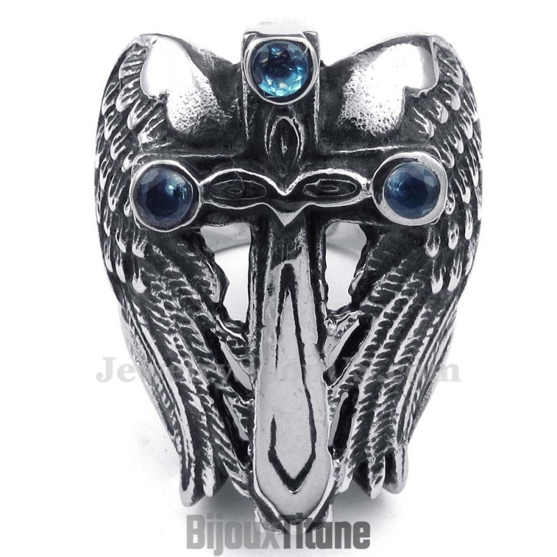 Bague En Titane Avec Croix Et Zircon Bleu Bague En Titane Avec Croix Et Zircon Bleu