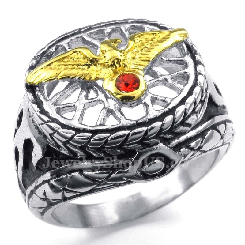 Bague Aigle En Titane Et Or Avec Zircon Rouge
