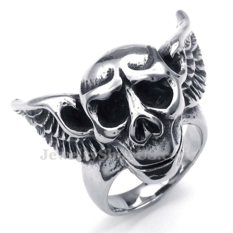 Bague Crâne En Titane Avec Ailes