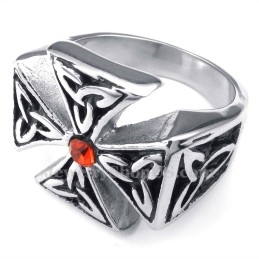 Bague Croix En Titane Avec Zircon Rouge
