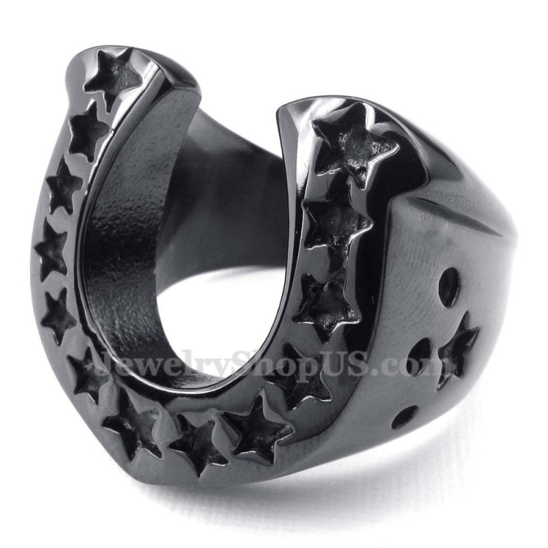 Bague De Sabot De Cheval En Titane Noir Avec Étoile À Cinq Branches Bague De Sabot De Cheval En Titane Noir Avec Étoile À Cinq Branches