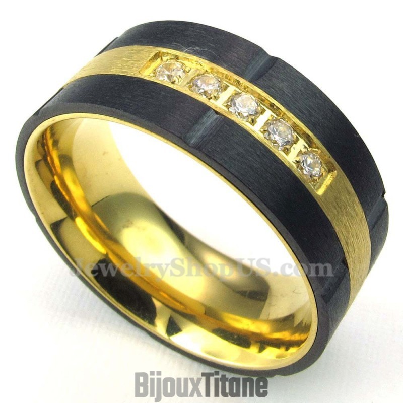Bague En Titane Noir Et Or Avec Zircon Blanc Bague En Titane Noir Et Or Avec Zircon Blanc