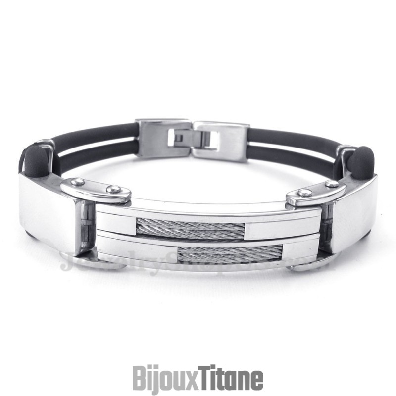Bracelets En Titane Noir Argenté Avec Fil De Cuir Bracelets En Titane Noir Argenté Avec Fil De Cuir