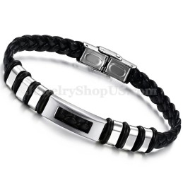 Bracelet Homme En Cuir Et Titane Noir Argenté C767