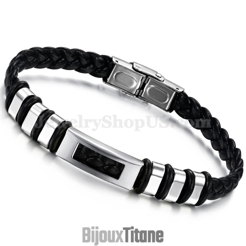 Bracelet Homme En Cuir Et Titane Noir Argenté C767 Bracelet Homme En Cuir Et Titane Noir Argenté C767