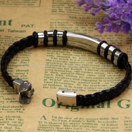 Bracelet Homme En Cuir Et Titane Noir Argenté C767