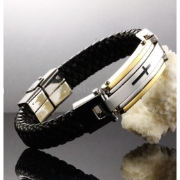 Bracelet Homme En Cuir Et Titane Avec Croix C916