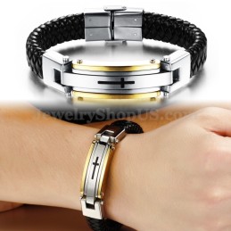 Bracelet Homme En Cuir Et Titane Avec Croix C916