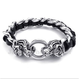 Bracelet En Cuir Et Titane Pour Homme Avec Tête De Tigre