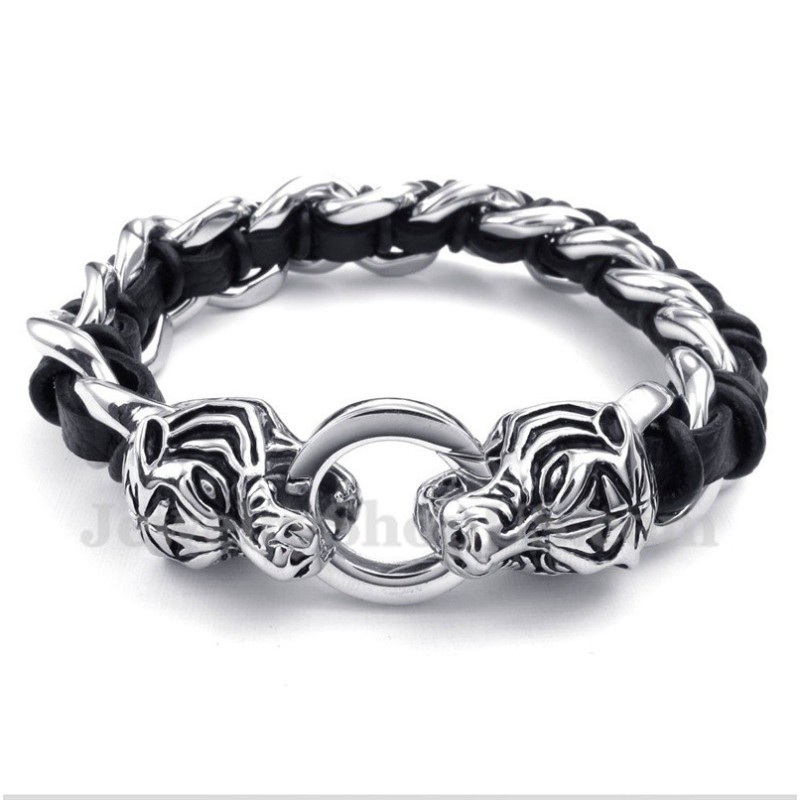 Bracelet En Cuir Et Titane Pour Homme Avec Tête De Tigre