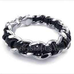 Bracelet En Cuir Et Titane Pour Homme Avec Tête De Tigre