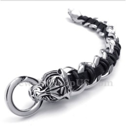 Bracelet En Cuir Et Titane Pour Homme Avec Tête De Tigre