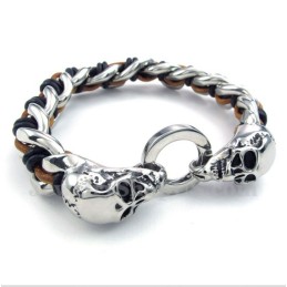 Bracelet En Cuir Et Titane Pour Homme Avec Tête De Mort