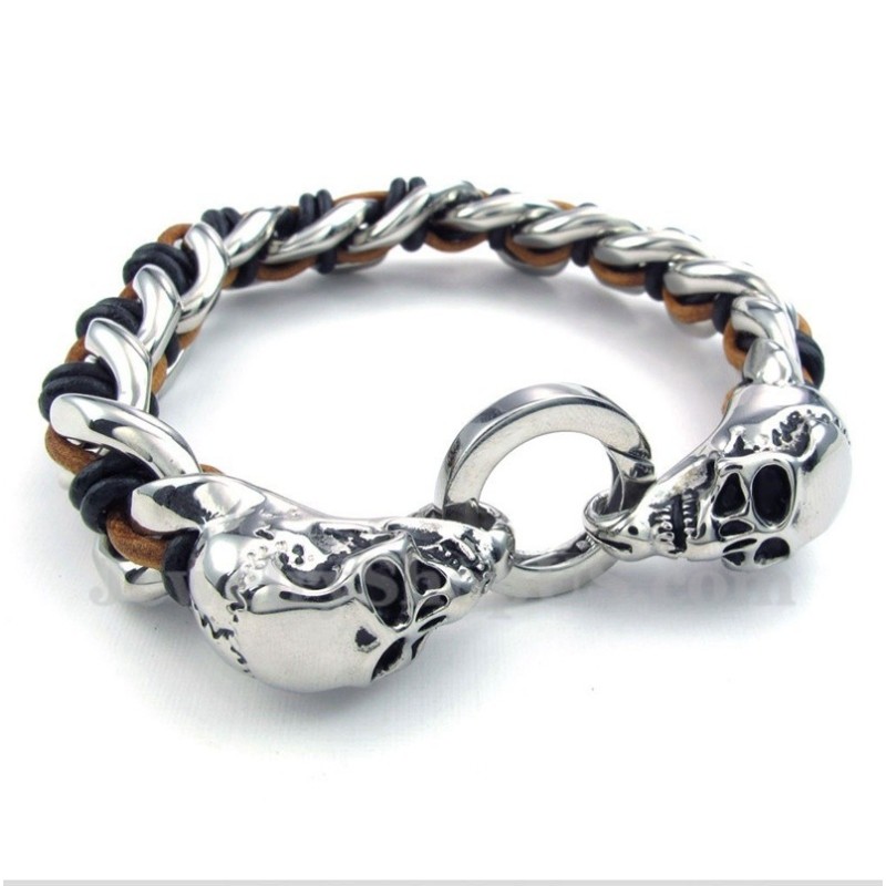 Bracelet En Cuir Et Titane Pour Homme Avec Tête De Mort Bracelet En Cuir Et Titane Pour Homme Avec Tête De Mort