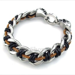 Bracelet En Cuir Et Titane Pour Homme Avec Tête De Mort
