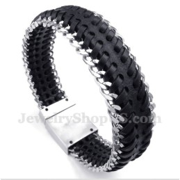 Bracelet Homme En Cuir Noir Et Titane