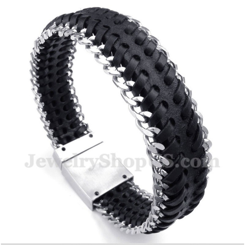 Bracelet Homme En Cuir Noir Et Titane
