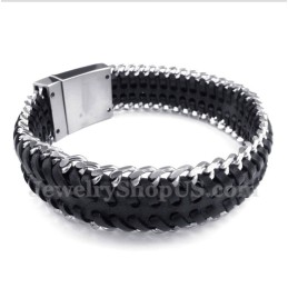 Bracelet Homme En Cuir Noir Et Titane