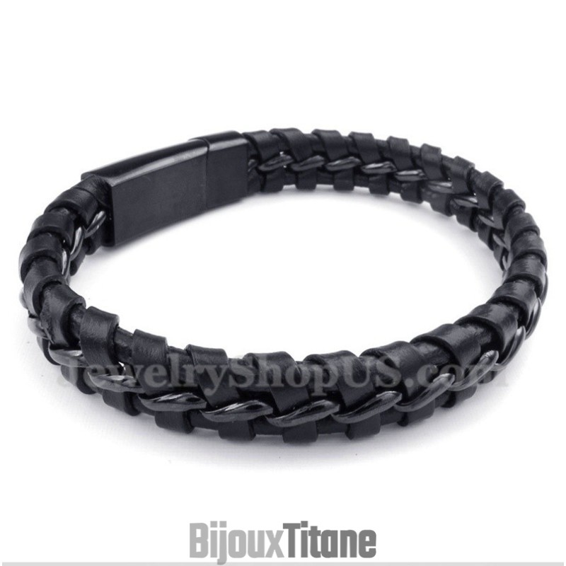 Bracelet Homme En Cuir Noir Et Titane Bracelet Homme En Cuir Noir Et Titane