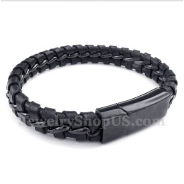 Bracelet Homme En Cuir Noir Et Titane