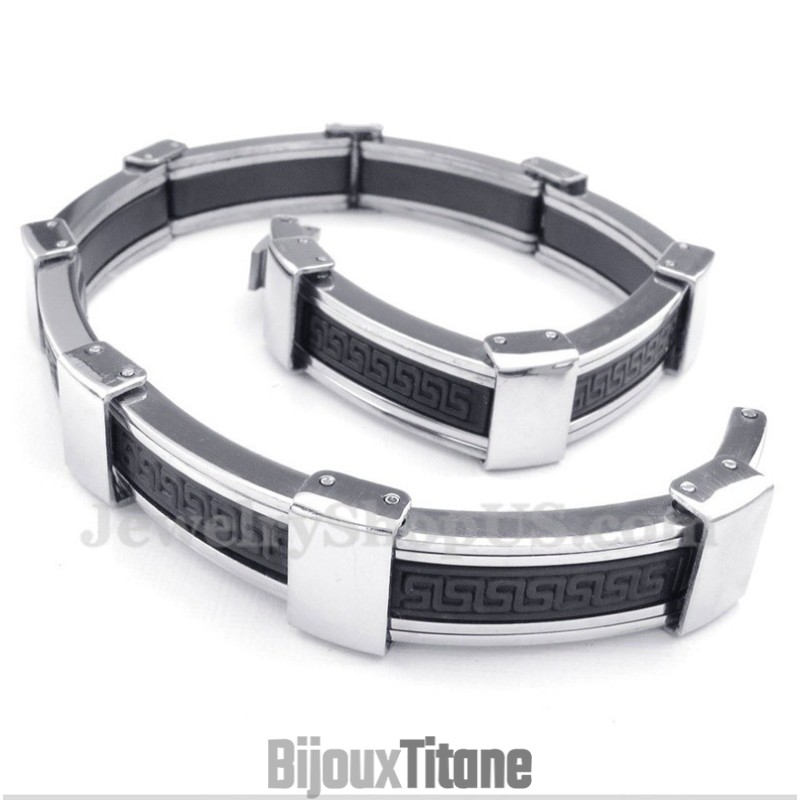 Bracelet En Caoutchouc Et Titane Pour Homme, Motif Méandre Grec