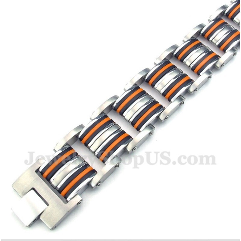 Bracelet Homme En Titane, Orange Et Caoutchouc Noir