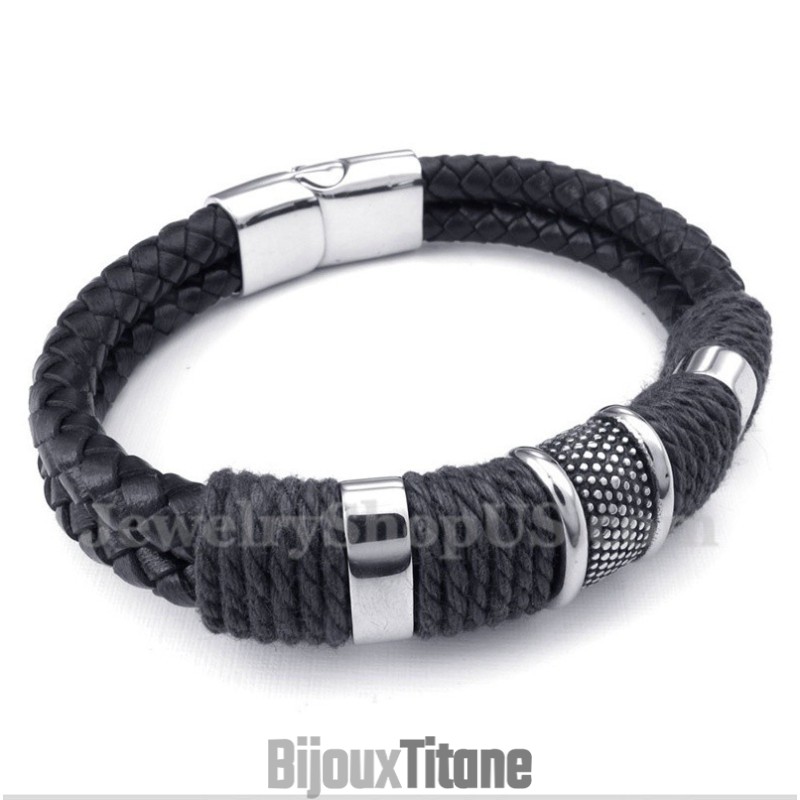 Bracelet Homme En Cuir Noir Et Titane