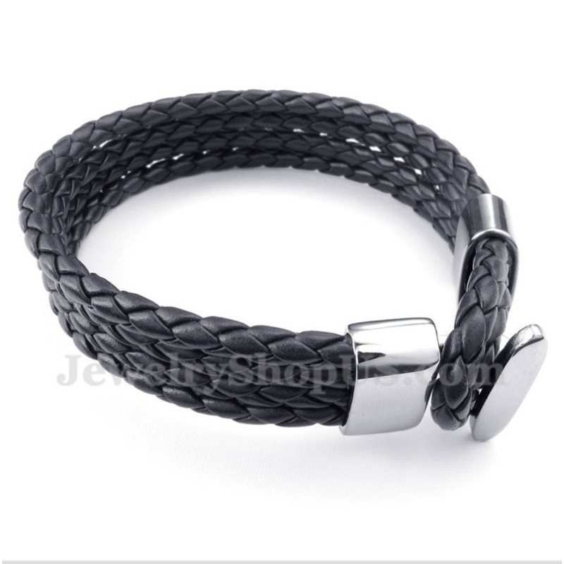 Bracelet Homme En Cuir Noir Et Titane
