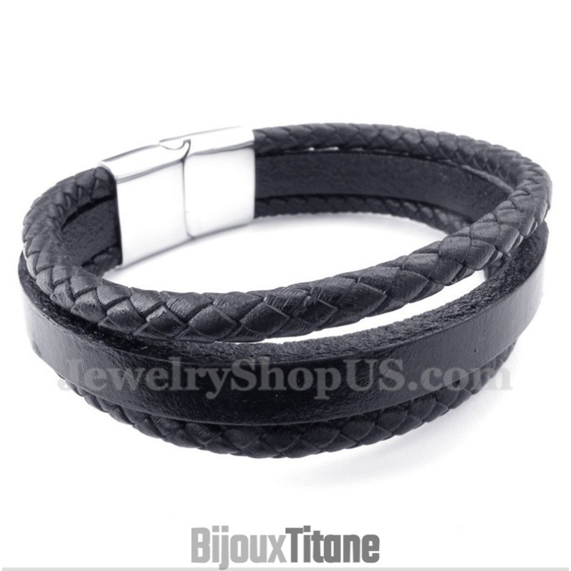 Bracelet Homme En Cuir Noir Et Titane