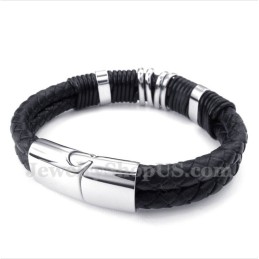 Bracelet Homme En Cuir Noir Et Titane