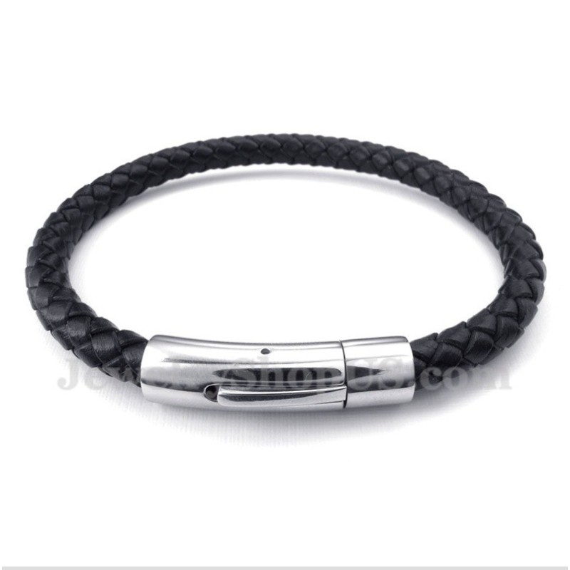Bracelet Homme En Cuir Noir Et Titane