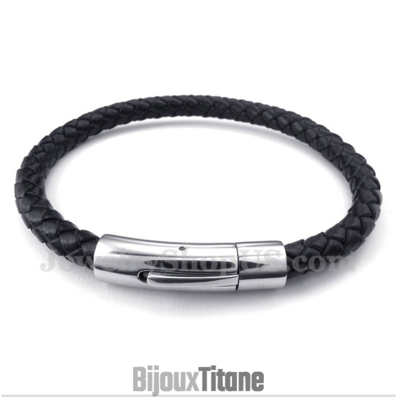 Bracelet En Cuir Et Titane Pour Homme