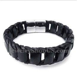 Bracelet Homme En Cuir Noir Et Titane
