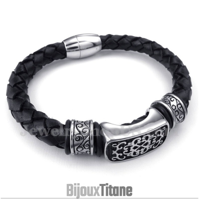 Bracelet En Cuir Et Titane Pour Homme
