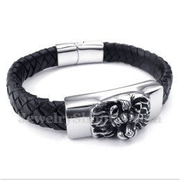 Bracelet En Cuir Et Titane Pour Homme Avec Tête De Lion