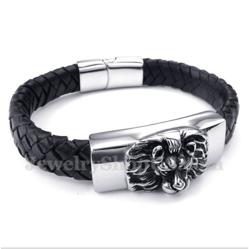 Bracelet En Cuir Et Titane Pour Homme Avec Tête De Lion Bracelet En Cuir Et Titane Pour Homme Avec Tête De Lion