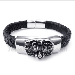 Bracelet En Cuir Et Titane Pour Homme Avec Tête De Lion