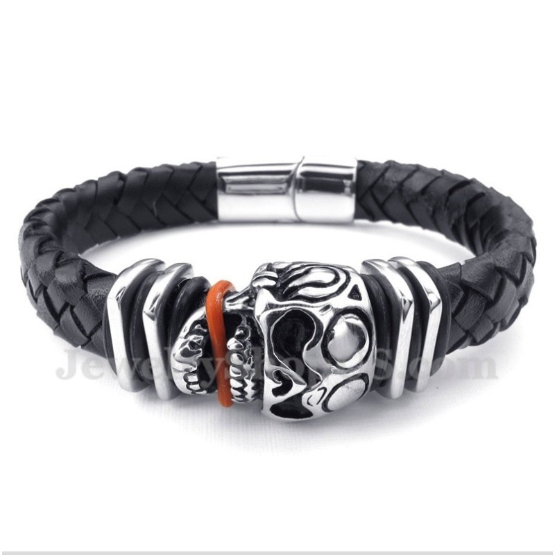 Bracelet En Cuir Et Titane Pour Homme Avec Tête De Mort Bracelet En Cuir Et Titane Pour Homme Avec Tête De Mort