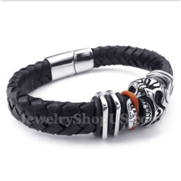 Bracelet En Cuir Et Titane Pour Homme Avec Tête De Mort