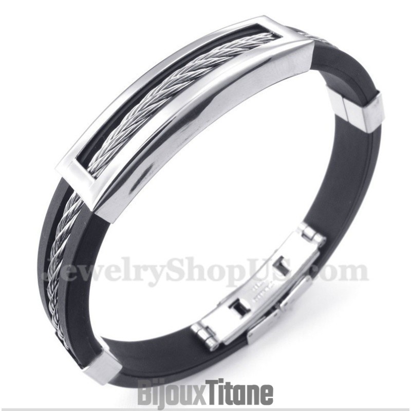 Bracelet Câble En Caoutchouc Et Titane Pour Homme
