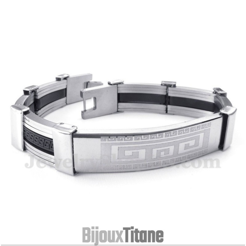 Bracelet Pour Homme En Caoutchouc Titane À Motif Méandre Grec
