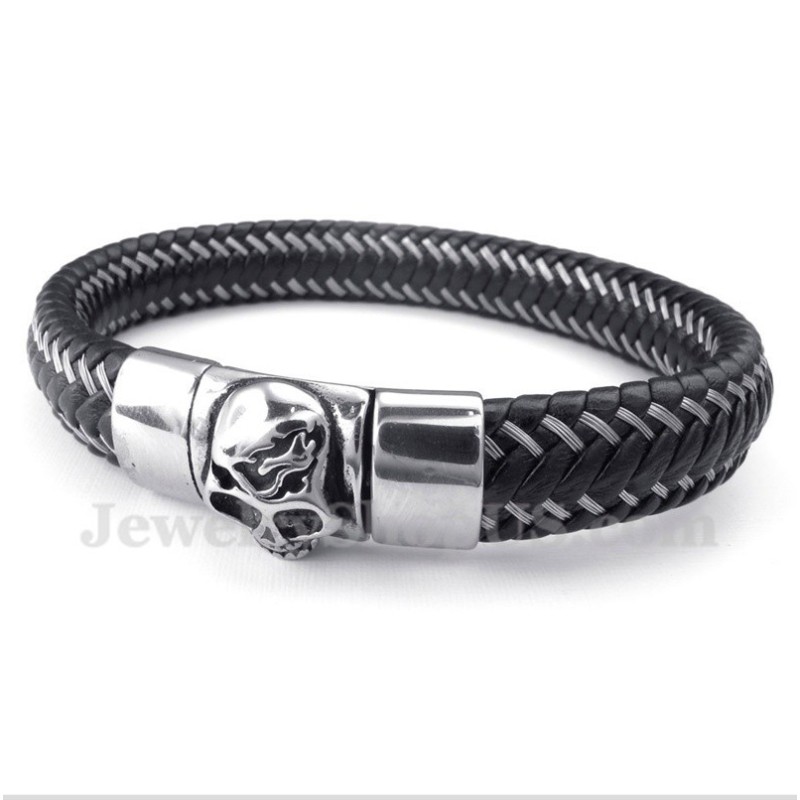 Bracelet Câble En Cuir Noir Et Titane Pour Homme