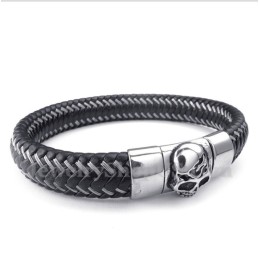 Bracelet Câble En Cuir Noir Et Titane Pour Homme