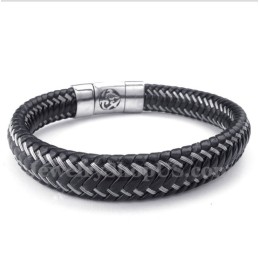 Bracelet Magnétique En Cuir Noir Et Titane Pour Homme